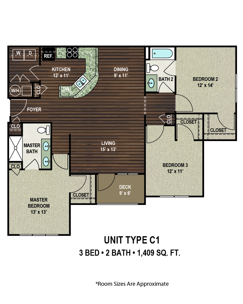 Floor plan for 3 beds, 2 baths, 1409 sqft